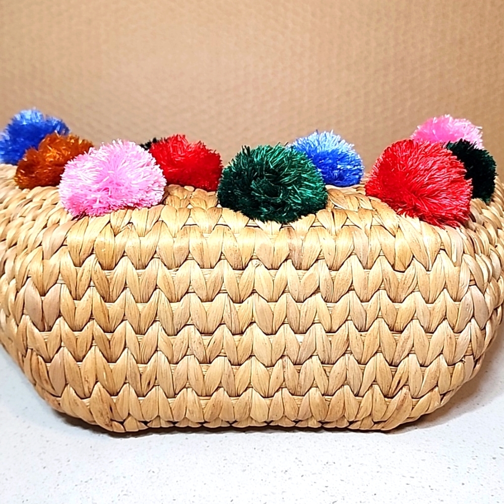 Woven, Rattan Bag, Purse  round Handle with Colorful Pom Poms. New. No tags. - Picture 7 of 7